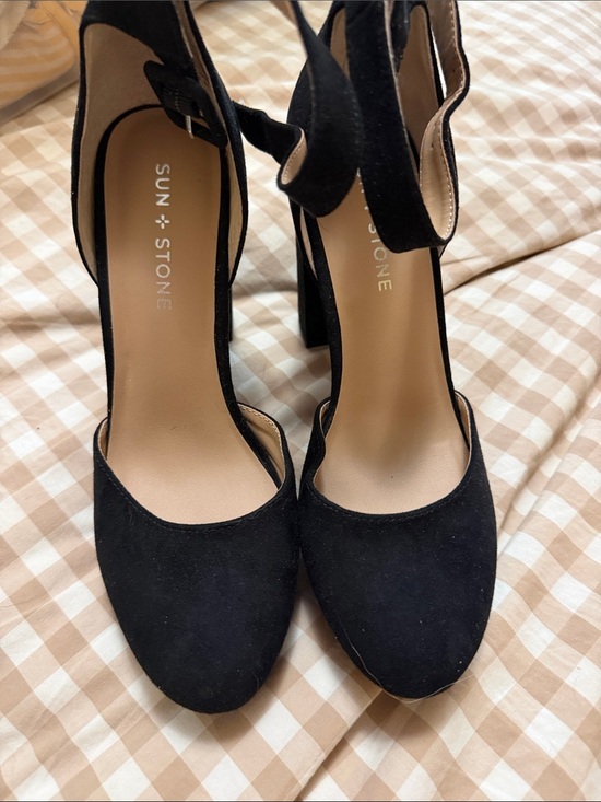 Sun + Stone Shoes - Sun + Stone Black Suede Ankle-Strap Block Heels Size
